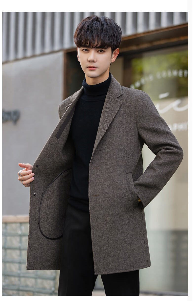 休闲时尚稻草人冬季男士中长款羊毛呢子大衣韩版加厚商务风衣潮妮外套