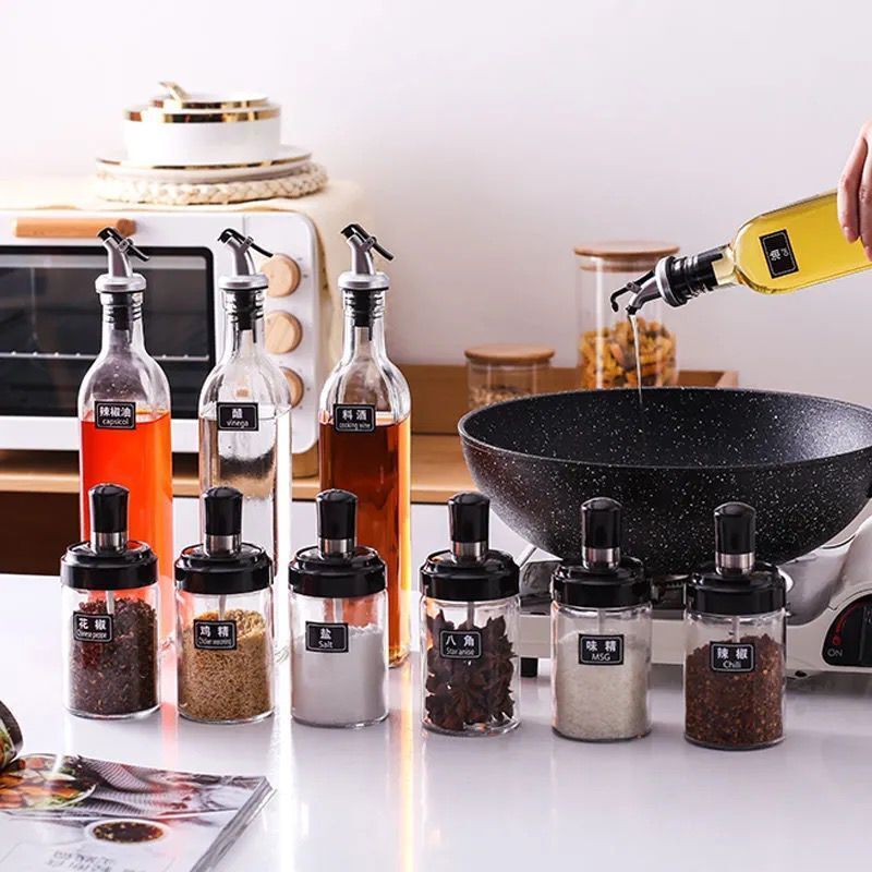 勺盖一体调料瓶油盐酱醋瓶套装厨房糖罐油瓶组合装家用玻璃调味罐调料