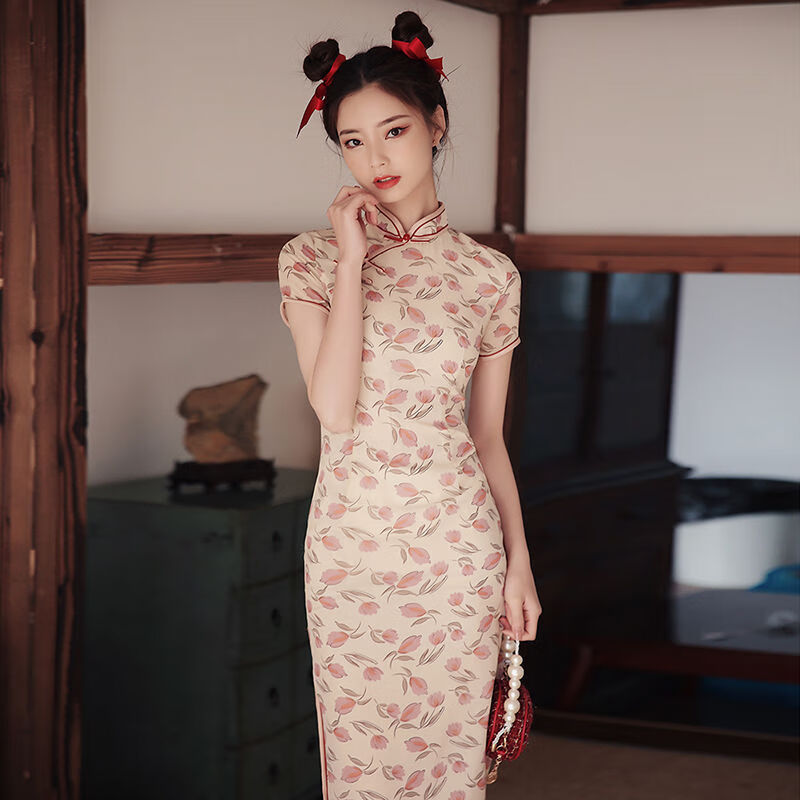 汇今美旗袍女裙子中国风 旗袍短款2021夏季短袖少女改良年轻款小个子