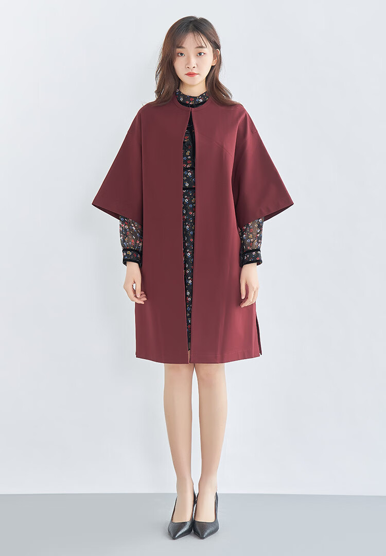 【商场同款】哥弟女装2021春季新款廓形落肩中长款五分袖拉链风衣女