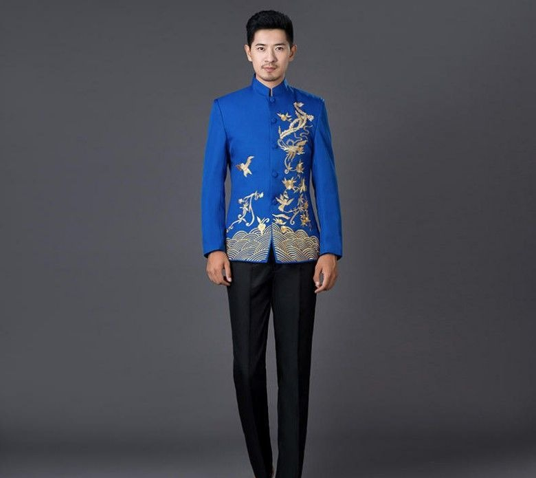 国服演出服男中国风立领刺绣主持人大合唱服中老年民乐表演服装白色