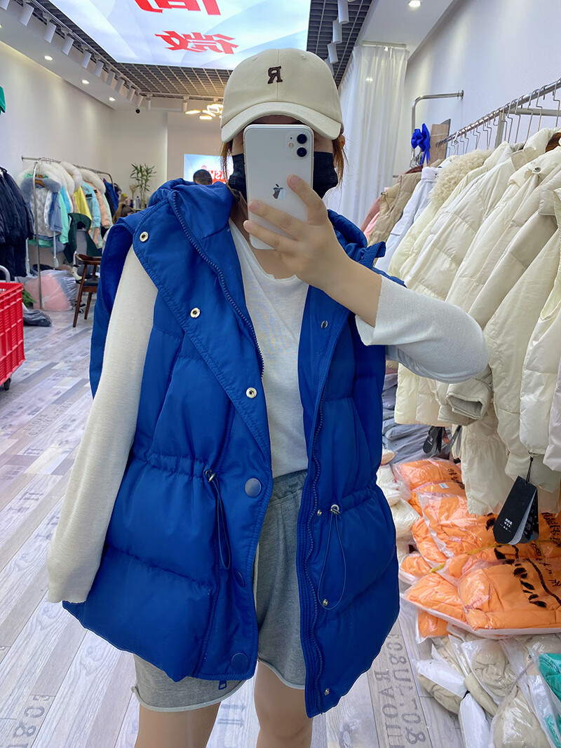 羽绒服韩国2021新款秋冬服女马甲短款时尚修身连帽无袖外套潮蓝色均码