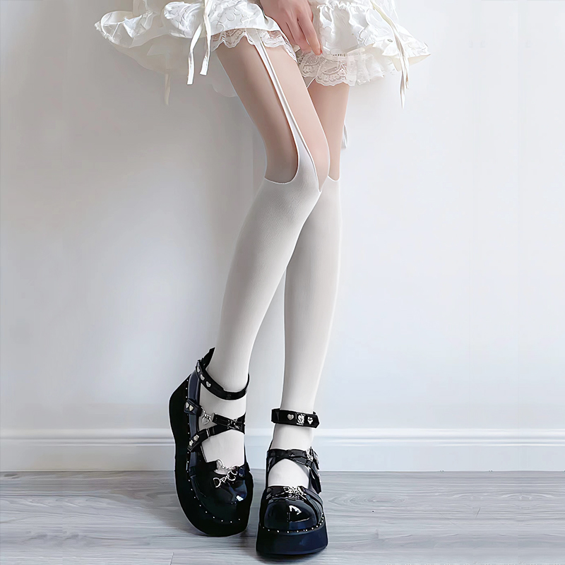 破洞连裤袜女薄款不规则镂空吊带黑丝袜jk不对称拼接辣妹网袜 侧交叉