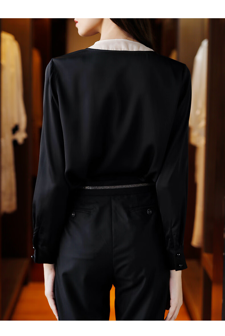 维卡珊2021年蝴蝶结v领黑色真丝衬衫欧货法式小众上衣桑蚕丝衬衣 千鸟