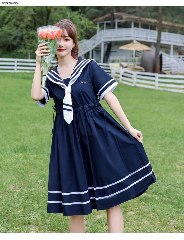 款仙女裙少女学生热天学院风宽松中长裙女装潮藏青色m建议体重90108斤