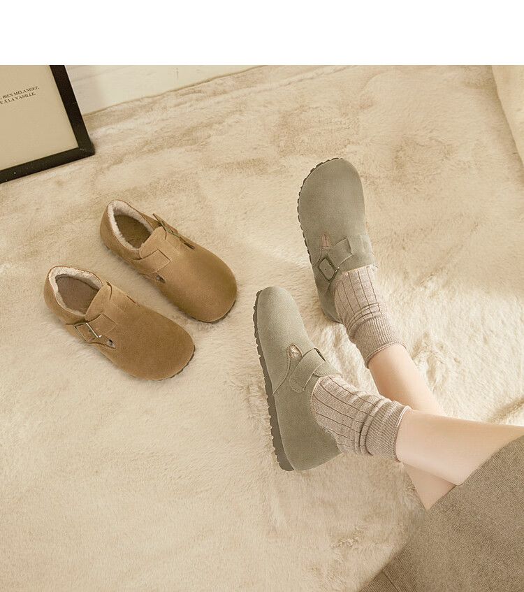 Westlink All-Wool Birkenstock-Style Women's Fleece-Lined Shoes, New Winter 2024 Soft-Soled Cotton Shoes, Warm Slip-On Fluffy Shoes, Brown, Size 37 5