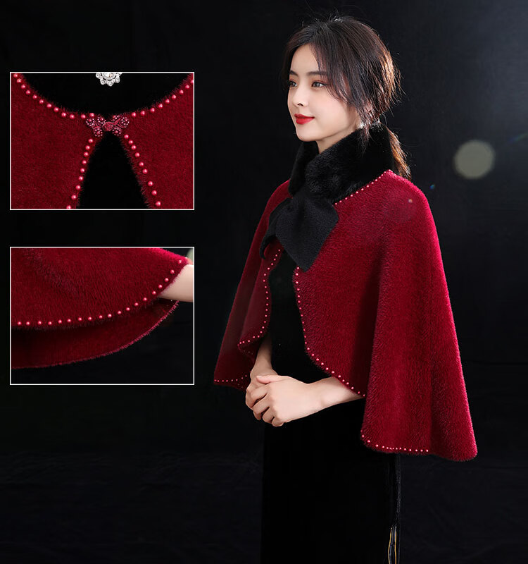 旗袍外搭配的小开衫秋冬斗篷小坎肩短款披风披肩敬酒服开衫外套女红色