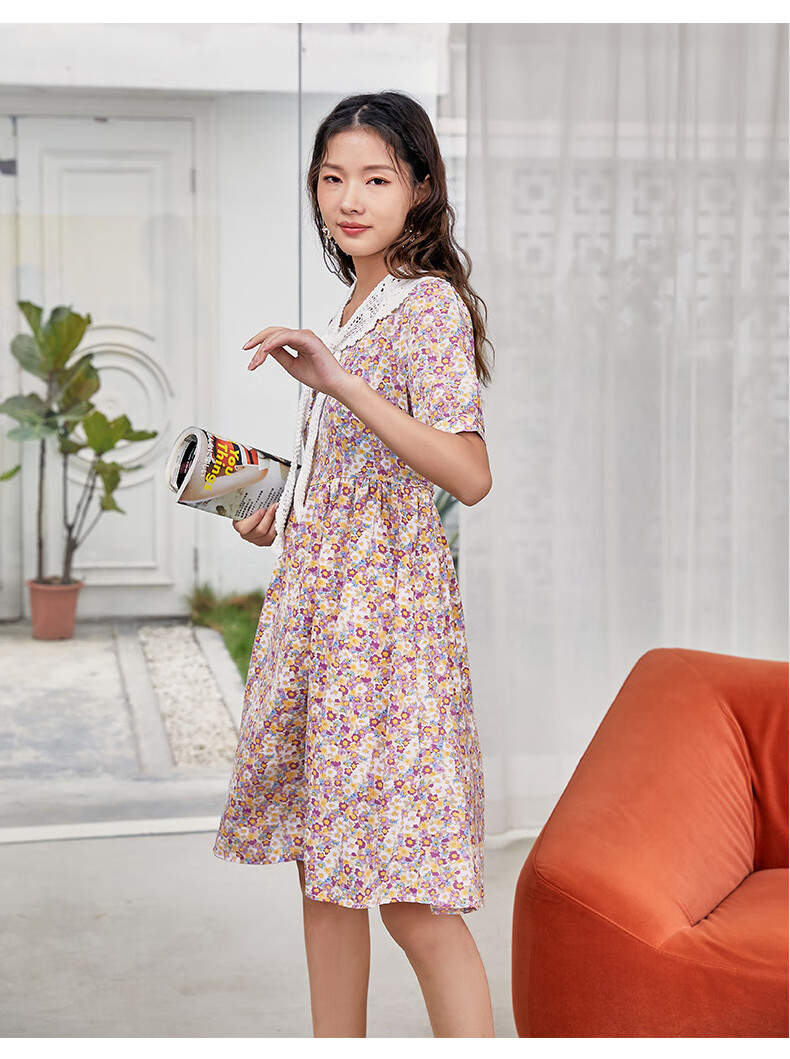 阿依莲碎花连衣裙女减龄高腰娃娃裙编织可拆小披肩碎花裙2021夏季新款