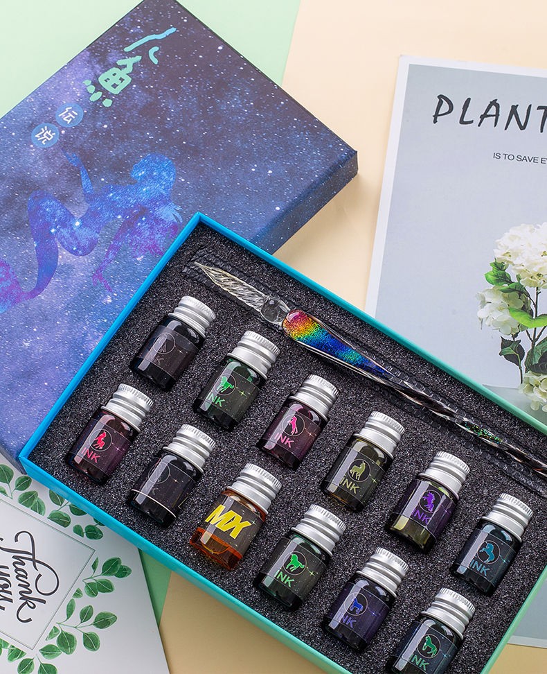 星空玻璃笔套装金粉彩墨蘸水晶笔礼盒装学生生日元旦礼品渐变色樱花蘸