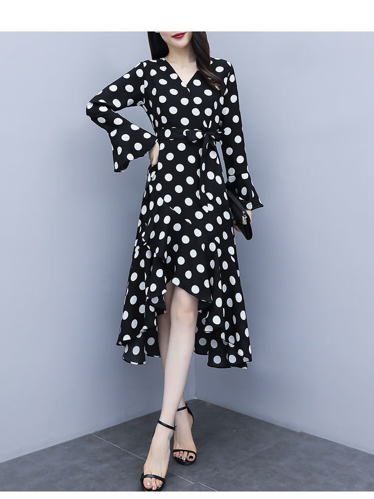 paidaili 大码波点连衣裙2021春装新款v领仙女仙裙甜美收腰减龄显瘦