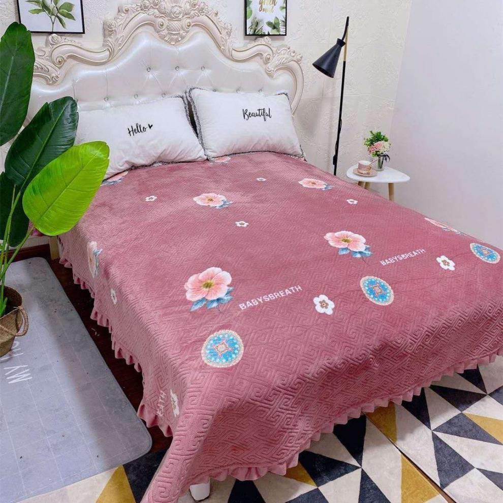 水晶绒花边床盖ab面绗缝夹棉冬季加厚保暖床单榻榻米铺盖两用盖毯宫廷