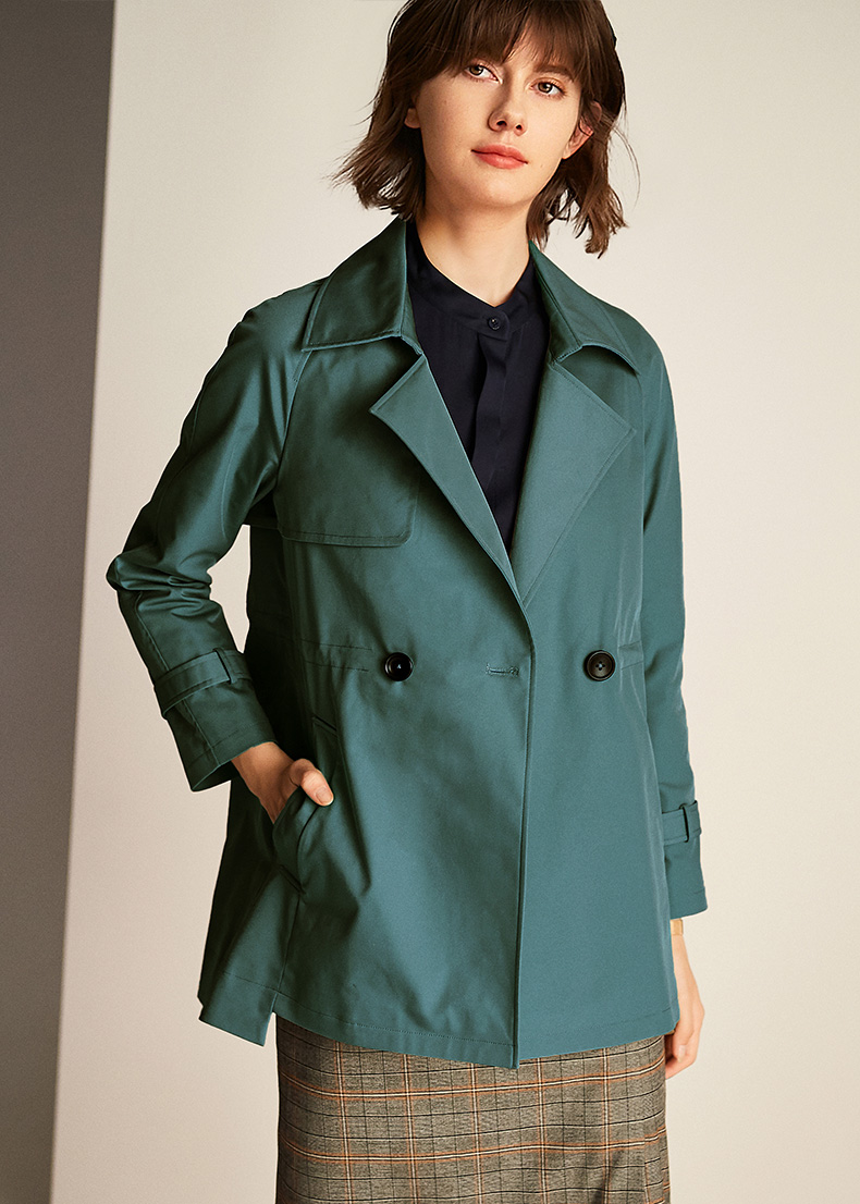 法曼萱墨绿色风衣女短款秋季2021新款休闲时尚矮个子中长外套 墨绿色