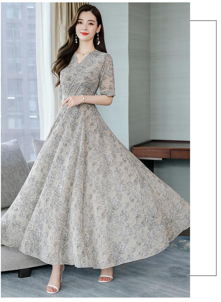 高端气质连衣裙女新款贵妇修身显瘦法式复古裙过膝雪纺长裙子绿色3334