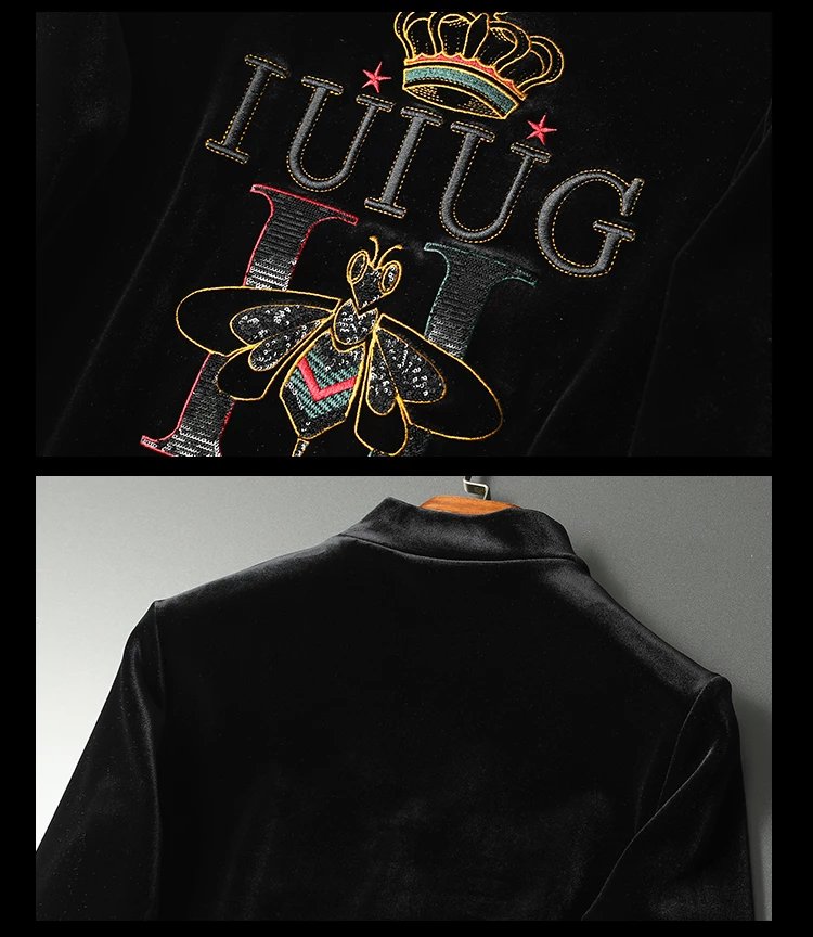 酷奇袋鼠(kuqidaishu)重工刺绣小蜜蜂皇冠卫衣男修身金丝绒双面绒半