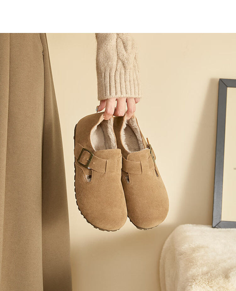 Westlink All-Wool Birkenstock-Style Women's Fleece-Lined Shoes, New Winter 2024 Soft-Soled Cotton Shoes, Warm Slip-On Fluffy Shoes, Brown, Size 37 15