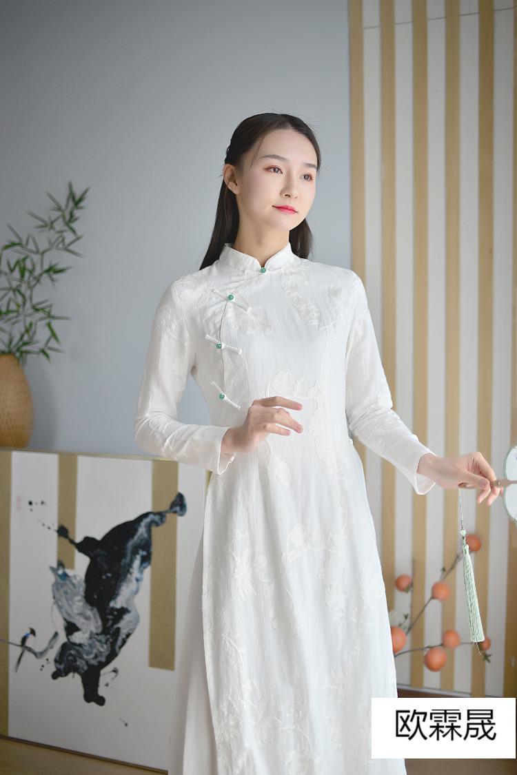 文艺禅修禅服茶服女秋冬仙气棉麻奥黛中国风文艺复古修身禅意旗袍