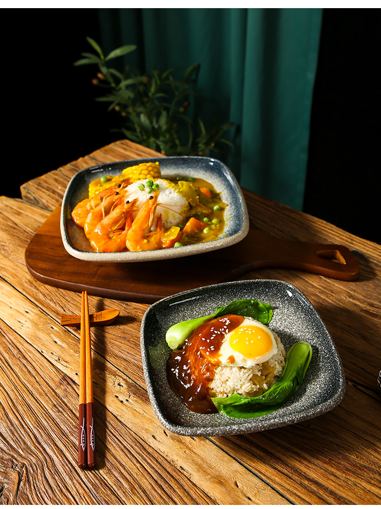 2022新款咖喱饭盘子日式商用四方形咖喱鸡饭盘快餐粗陶盖浇饭餐盘冷菜