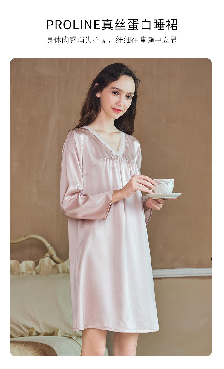 美标长袖真丝睡裙女春秋性感蕾丝睡衣新款19姆米重磅桑蚕丝绸家居服夏
