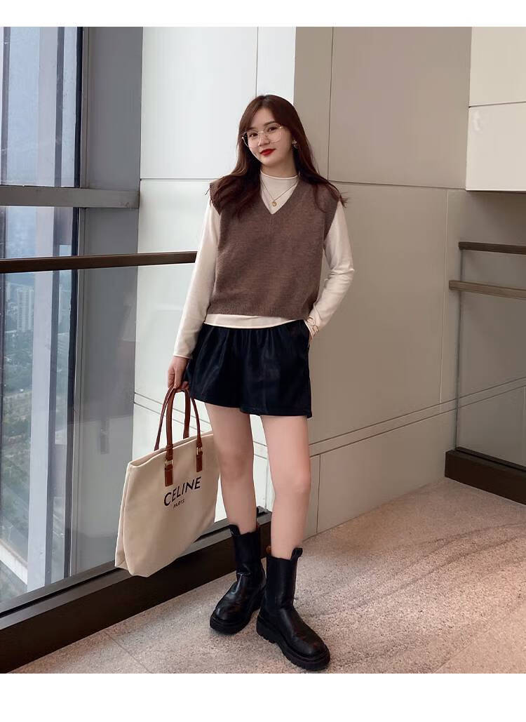 针织马甲女士内搭毛线马夹女式线衣坎肩上衣女生两件杏黑l码105130斤