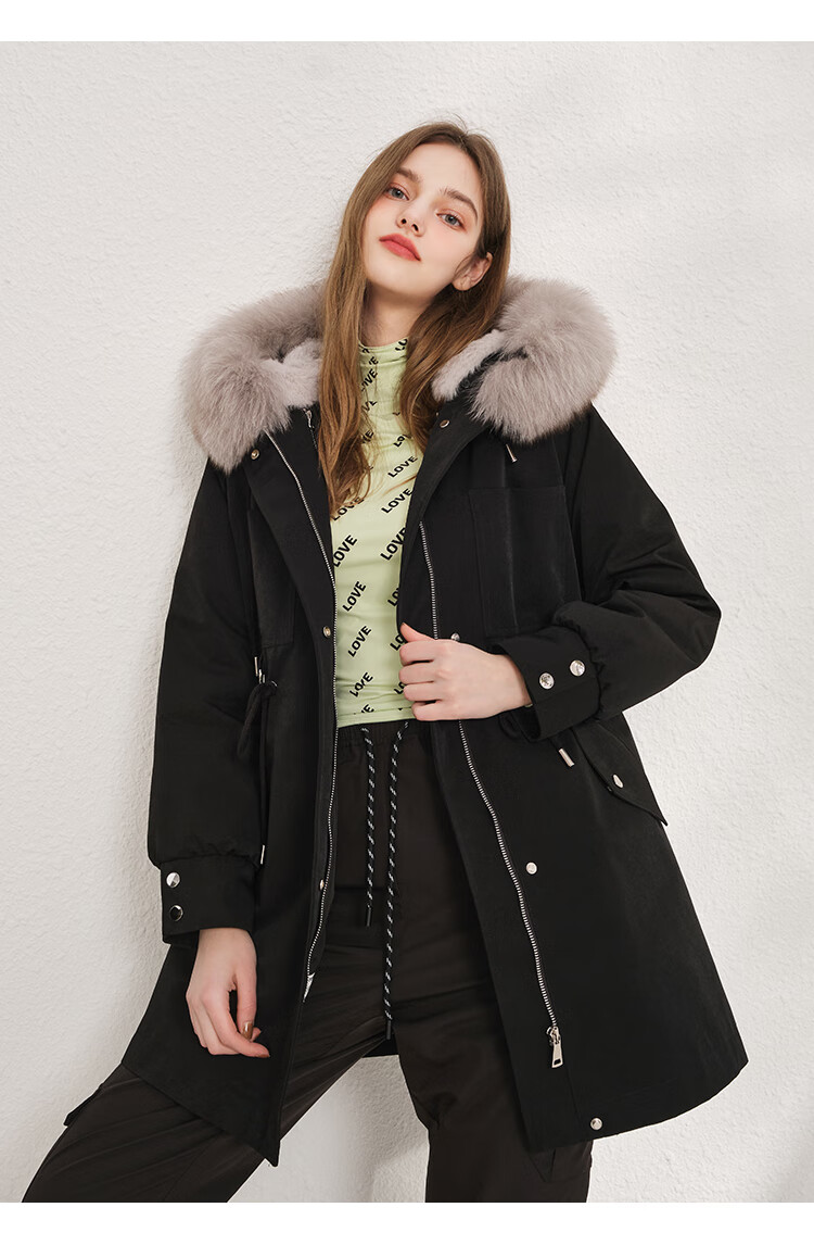 onemore2021秋冬新款中长款派克服女款獭兔外套大衣粉色16588am