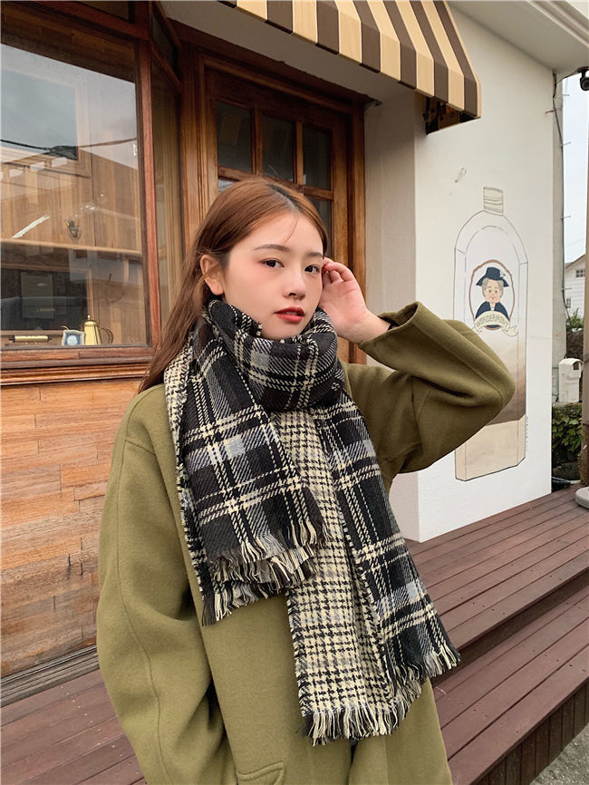 女款围巾冬季中学生新款红色双面格纹围巾百搭加厚保暖日系网红围脖