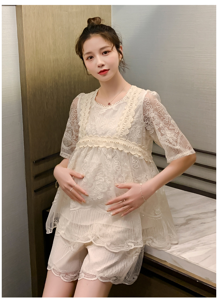 麦士豆2021网红孕妇仙女超仙蕾丝上衣托腹可调节裤子两件套潮图片色m