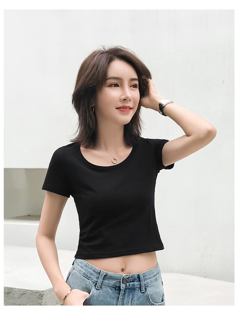 露脐高腰超短款上衣夏天女生露肚子小心机短袖t恤漏肚脐棉质紧身性感
