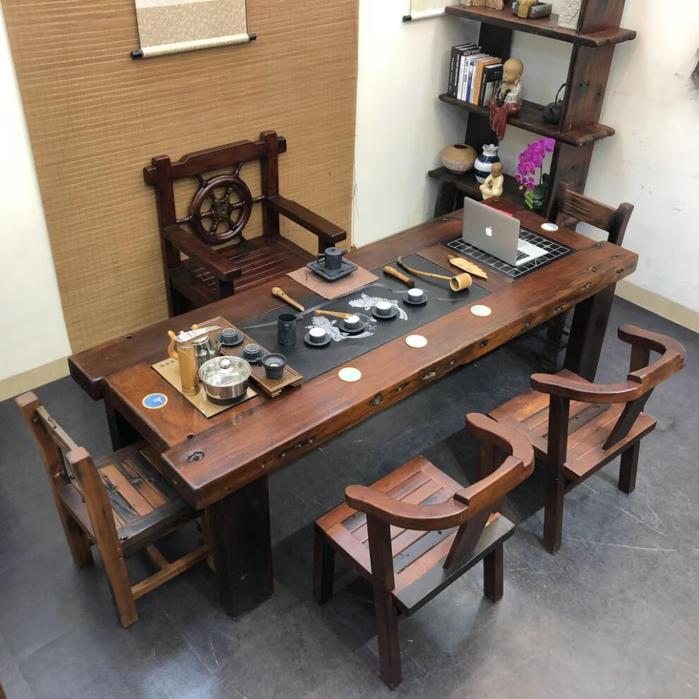 navcon 办公室茶桌老船木茶桌椅组合功夫实木茶台家用小茶几办公室茶