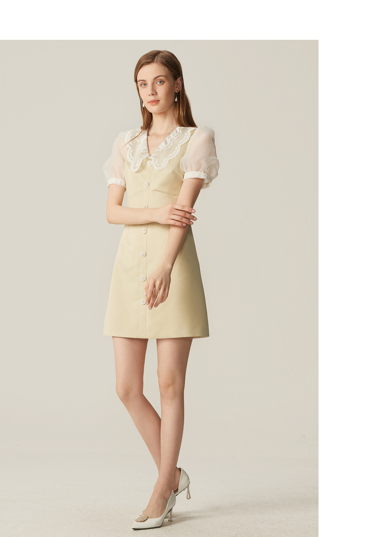 卓雅周末21夏新款钩花刺绣花边领钻饰纽扣泡泡袖连衣裙ejwabb54 鹅黄