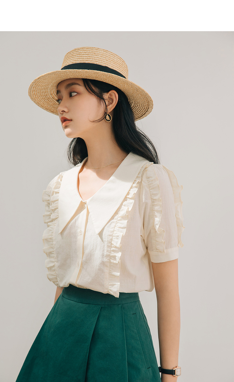 茵曼2021秋装新款女哥特尖领设计收褶花边拼接柔美浪漫短袖衬衣f181