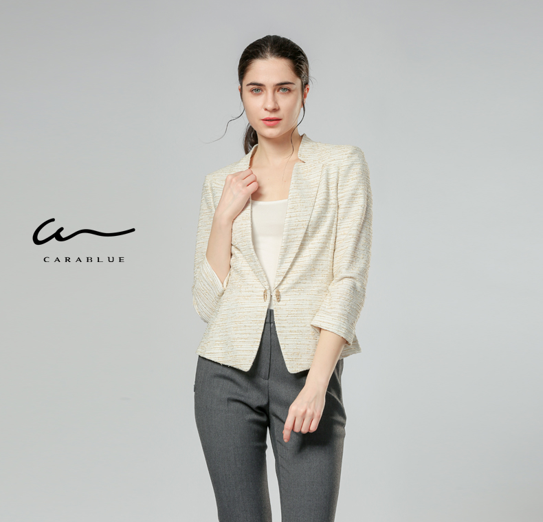 喀啦carablue女装时尚修身ol通勤女上衣米色e1as