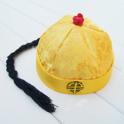 簘蕥 古装黄色帽子男 黄帽子婴儿女男宝宝唐装帽百天周岁儿童帽小地主
