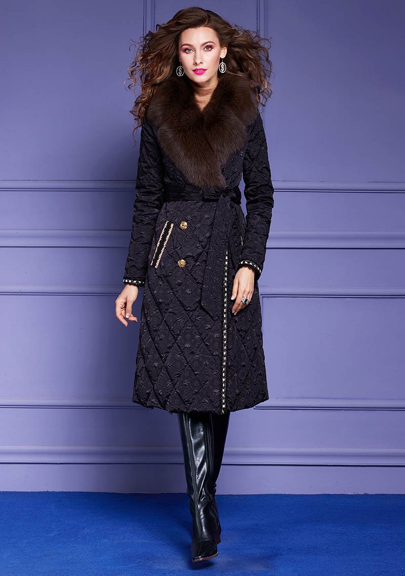 菲梦伊羽绒服女中长款冬季时尚加厚大狐狸毛领收腰白鸭绒外套女装