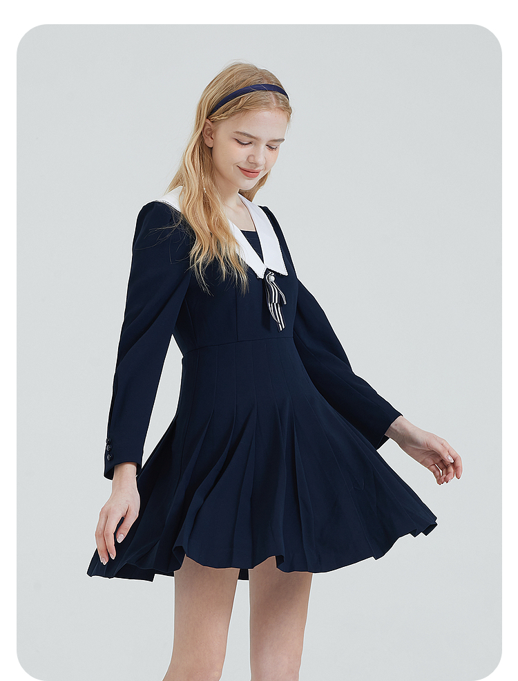 eland衣恋女装秋季款海军风小清新时尚法式甜美连衣裙中裙女依恋藏青