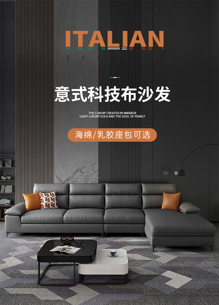 冷氏 布艺沙发客厅北欧现代简约意式大小户型家用免洗科技布沙发 海绵款(三防科技布+备注颜色) 双人位+左贵妃(2.65米)