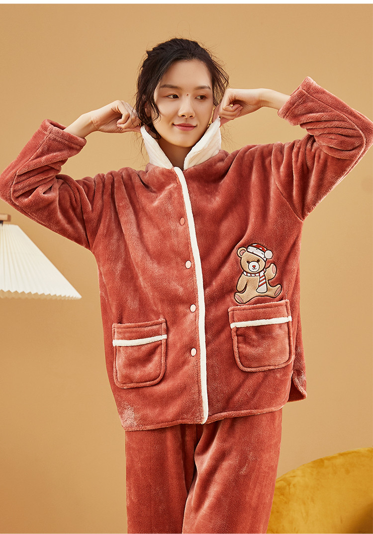 睡帽小熊秋冬双面加厚保暖法兰绒开襟长袖珊瑚绒女士睡衣家居服顶呱呱