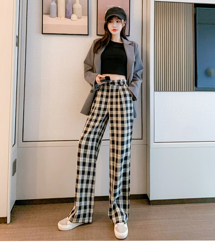 高腰直筒垂感宽松显瘦小个子拖地裤时尚百搭想显瘦九分阔腿裤子格子s