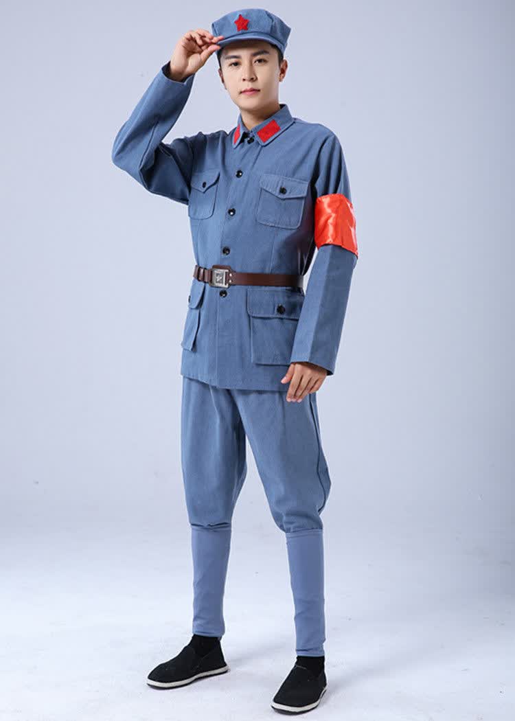 支持国货·现货新四军红军长征话剧舞台合唱服战服装 蓝灰色红 110