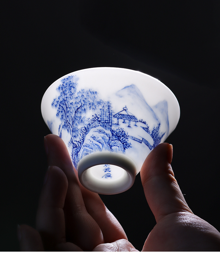 手绘山水青花瓷主人杯单杯景德镇陶瓷功夫茶具茶杯品茗杯子小茶碗罗汉