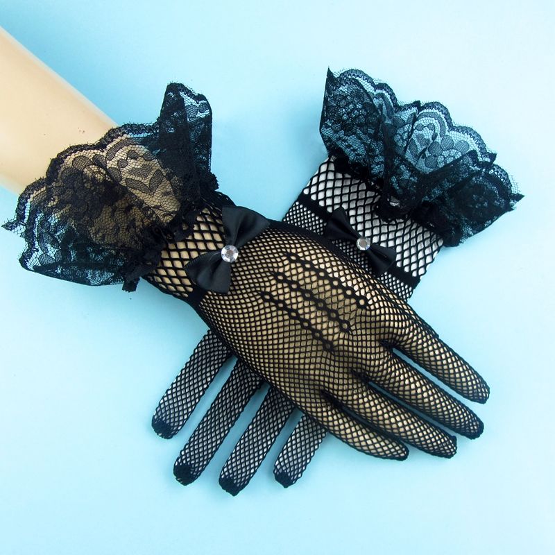 黑色网眼手套女士夏季薄款蕾丝防晒新娘礼仪优雅镂空弹力舞蹈表演黑色