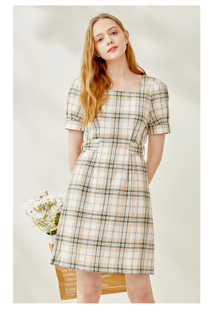 eland衣恋温柔甜美格子收腰不规则裙摆连衣裙女依恋绿色40greeneeow