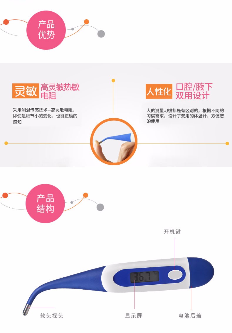 鱼跃电子体温计yt308 家用儿童腋下软头测量温度1盒【图片 价格 品牌