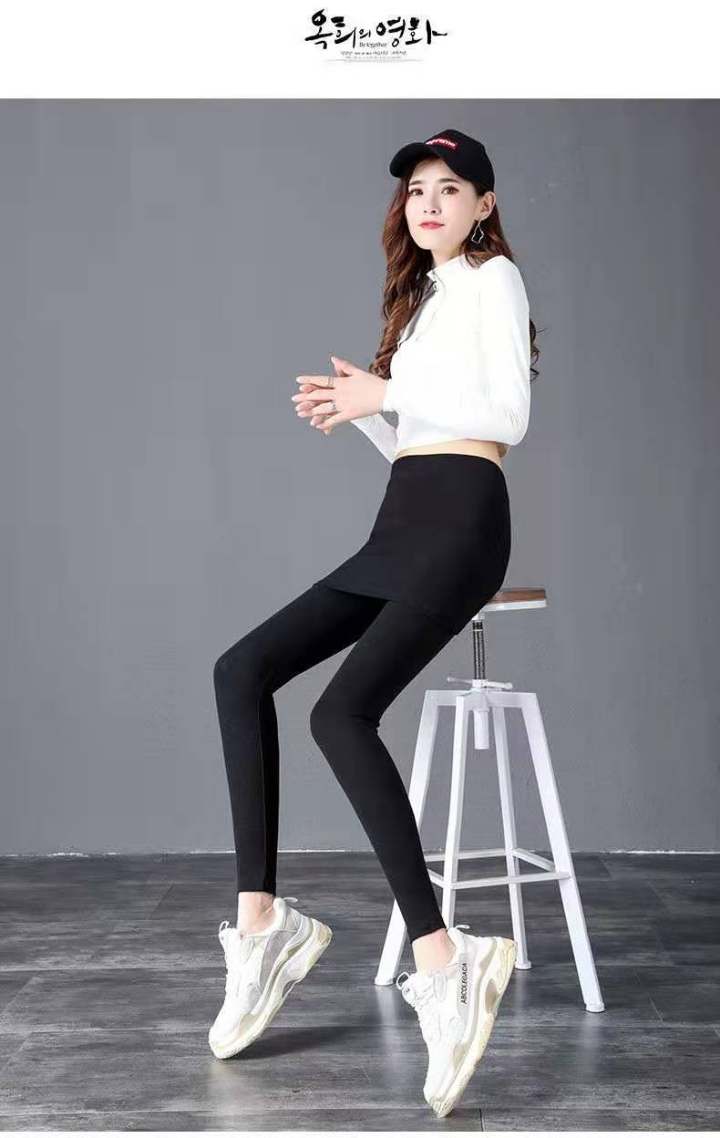 高腰打底裤女春秋薄款外穿高弹力假两件裤裙显瘦百搭一体裤黑色春秋薄