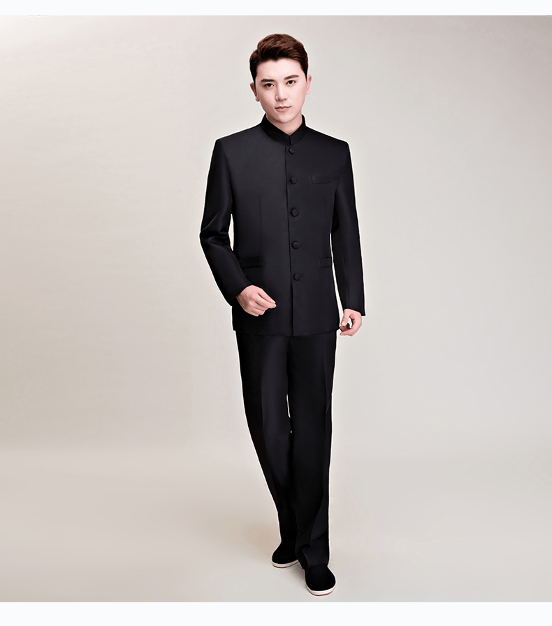 中山装男青年套装学生五四运动装修身演出服复古毕业班服民国装黑色