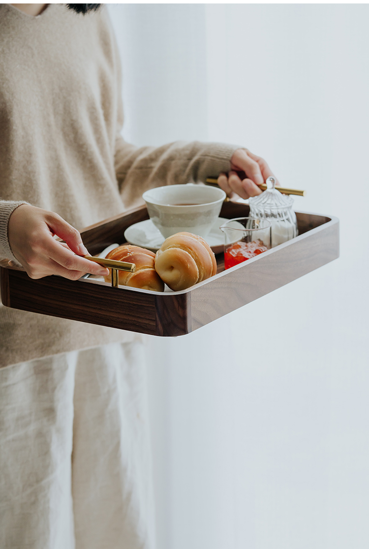 黑胡桃长方形木质托盘金属带把手托盘家用实木早餐盘果盘茶点盘带把手