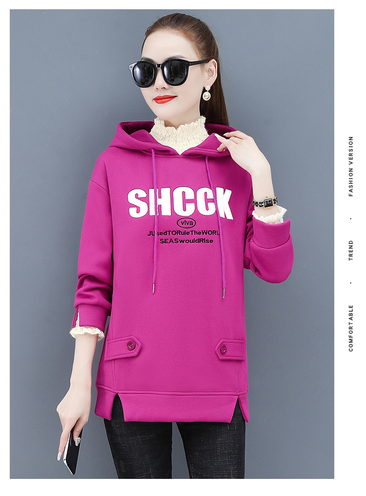 新款卫衣女加绒加厚国潮中国风2021宽松刺绣慵懒风连帽上衣紫红色l