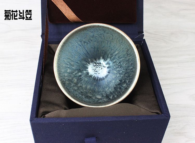 卡蔓派 建阳建盏茶杯油滴黄艺全手工百花斗笠蓝麒麟龙鳞纹主人杯陶