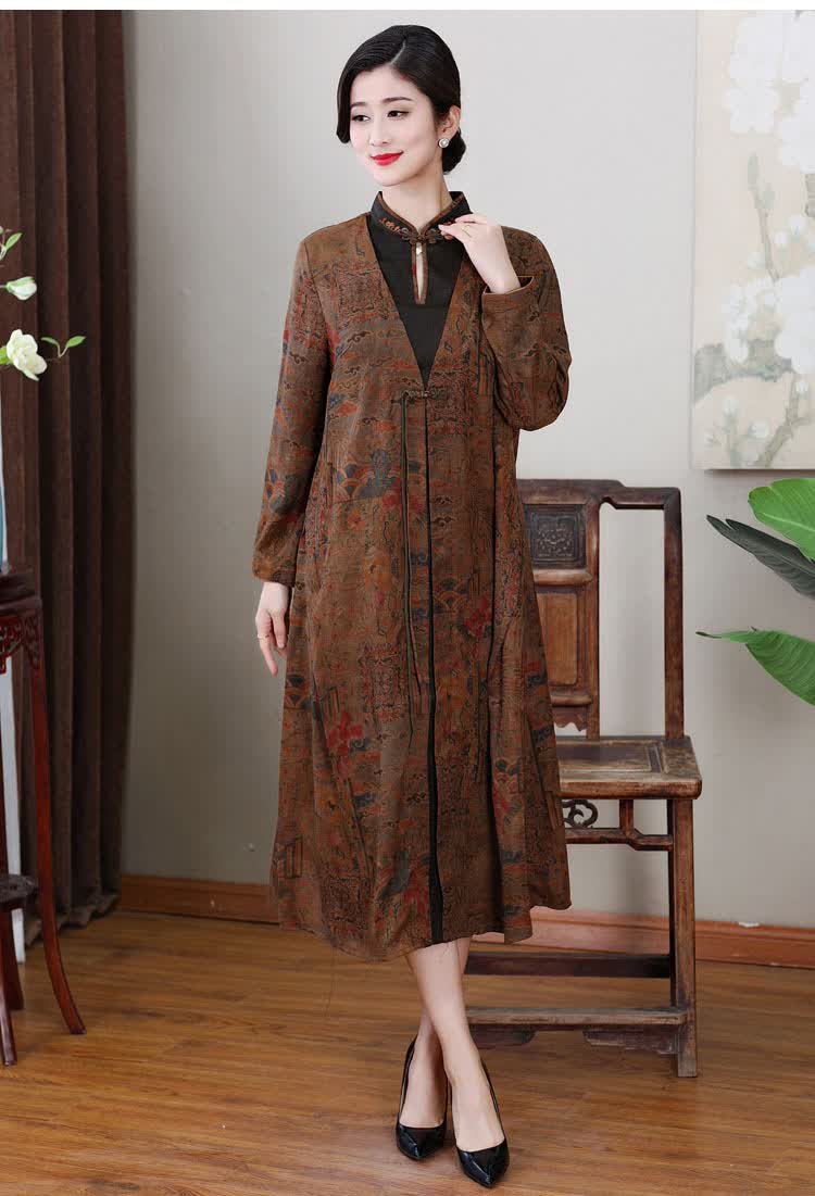 zhouyibo中老年女装真丝香云纱连衣裙长袖中式立领绣花桑蚕丝长裙军