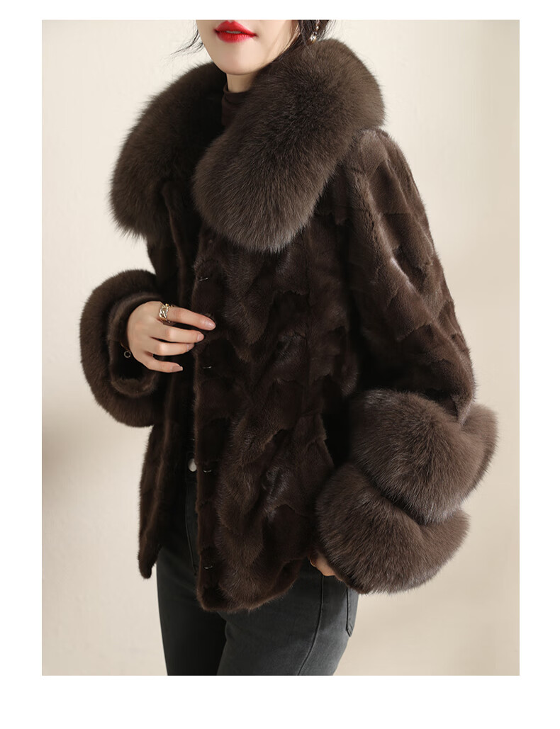 欧迪鸟odybird品牌貂皮大衣女短款2021冬新款狐狸毛大毛领水貂外套黑