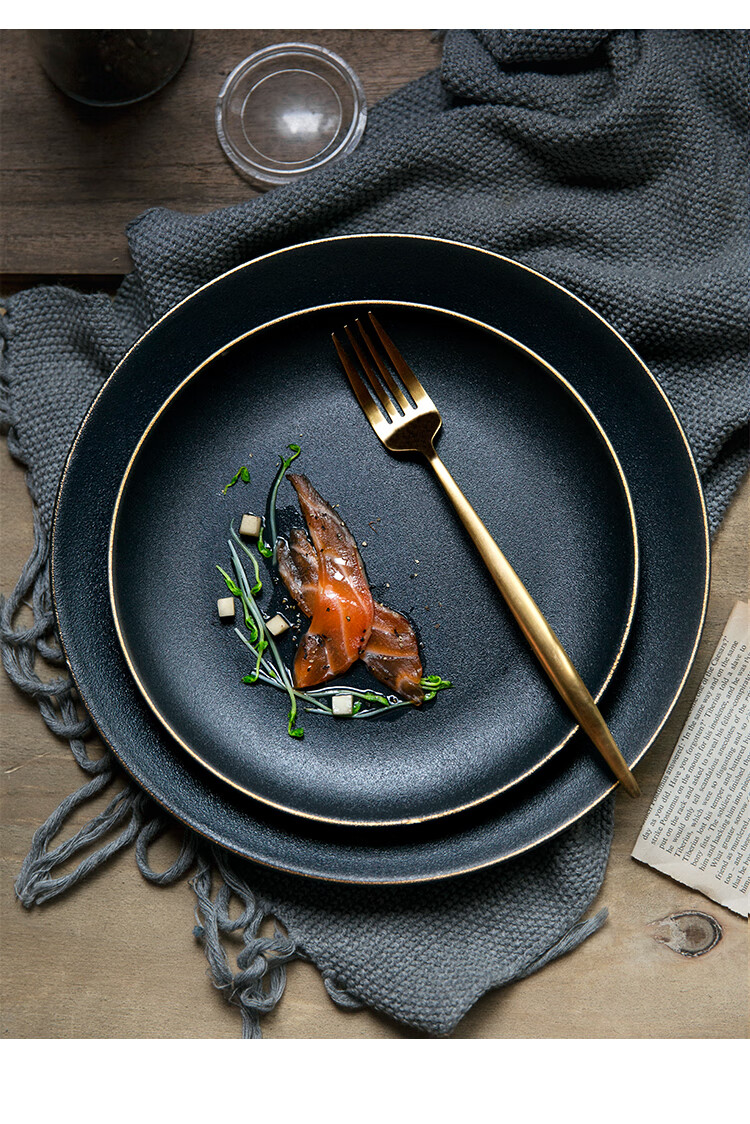 北欧金边牛排盘意面盘点心盘家用平盘子磨砂陶瓷餐具 金边8英寸盘